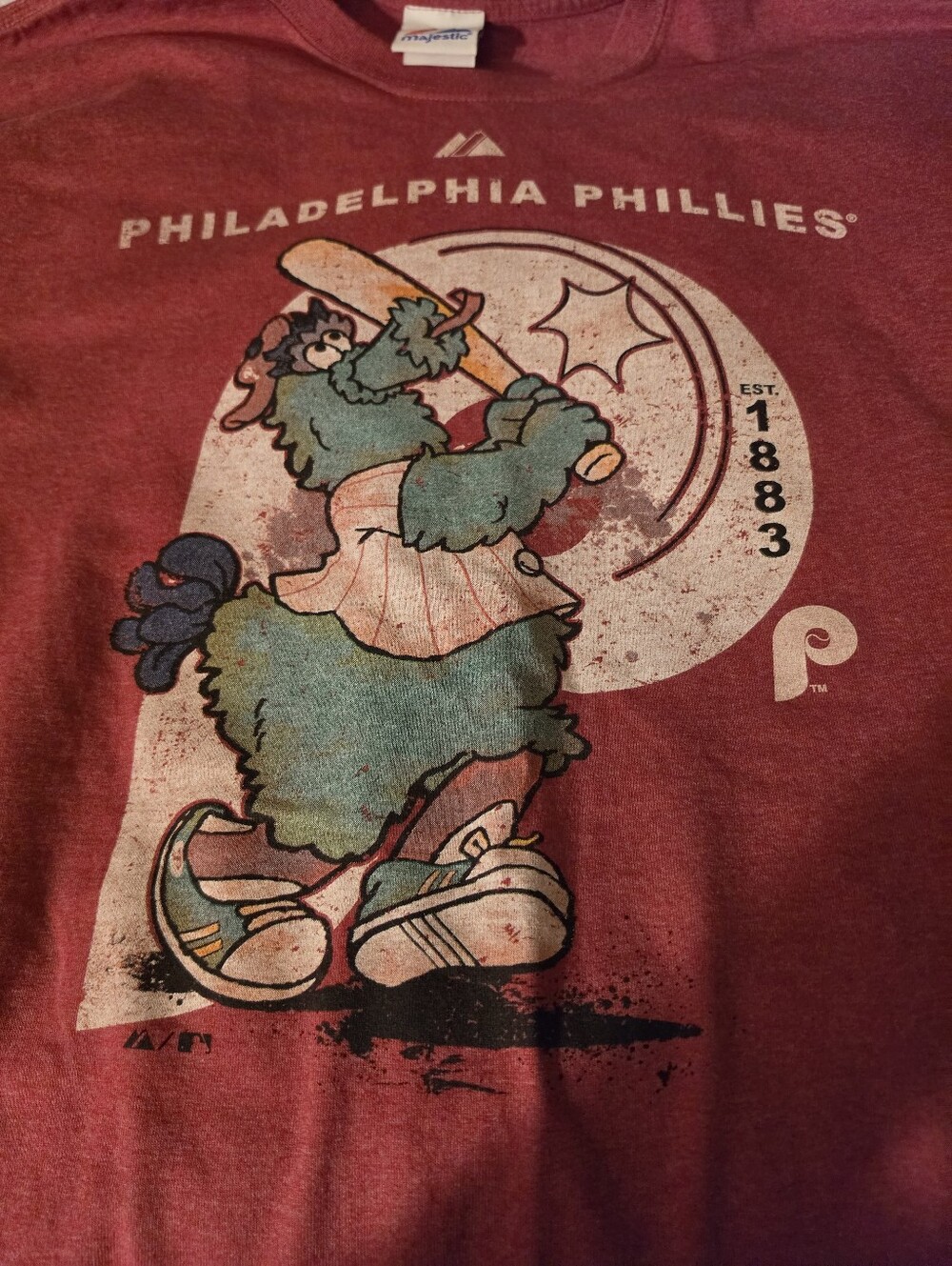 Majestic Philadelphia Phillies Red Heather Mascot Graphic Tee Mens Size 2XL